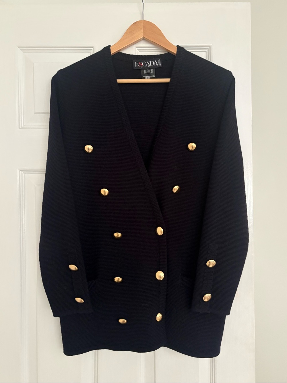 Escada Navy Double-Breasted Knit Blazer with Gold Buttons